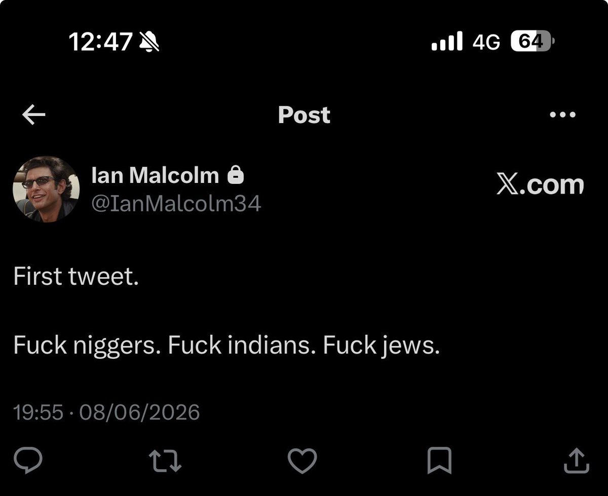 getraidednigger's tweet photo. How do I go about reporting this post 

@nikitabier 

Ian Malcom is calling Africans “niggers” and he’s also advocating for jews to be genocided how do i report him ? 

His account handle is @IanMalcolm84 https://t.co/KGjcXl2SpR