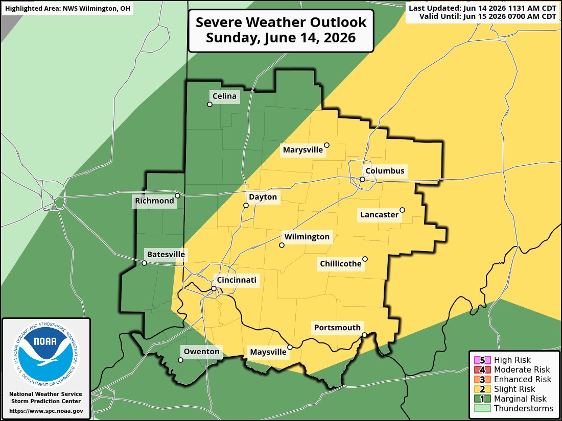 AdamBurnistonWX's tweet photo. As our cold front arrives this afternoon/early evening (~3-5PM), some strong winds will be possible. The Storm Prediction Center has expanded the Slight Risk (level 2/5) quite a bit to the southwest as into Greater #Cincinnati https://t.co/QrGQtJIEIi