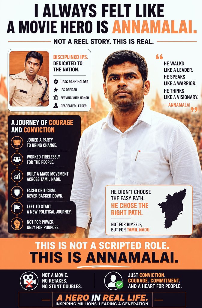 Koki_4241's tweet photo. I grew up watching heroes on screen.
Then I came across the journey of K. Annamalai.
Farmer's son ➝ Engineer ➝ IIM graduate ➝ IPS officer ➝ Public servant.
That's when I realized real heroes exist too. 🔥❤️
@annamalai_k
#Annamalai #RealLifeHero #Inspiration https://t.co/brjg259NXG