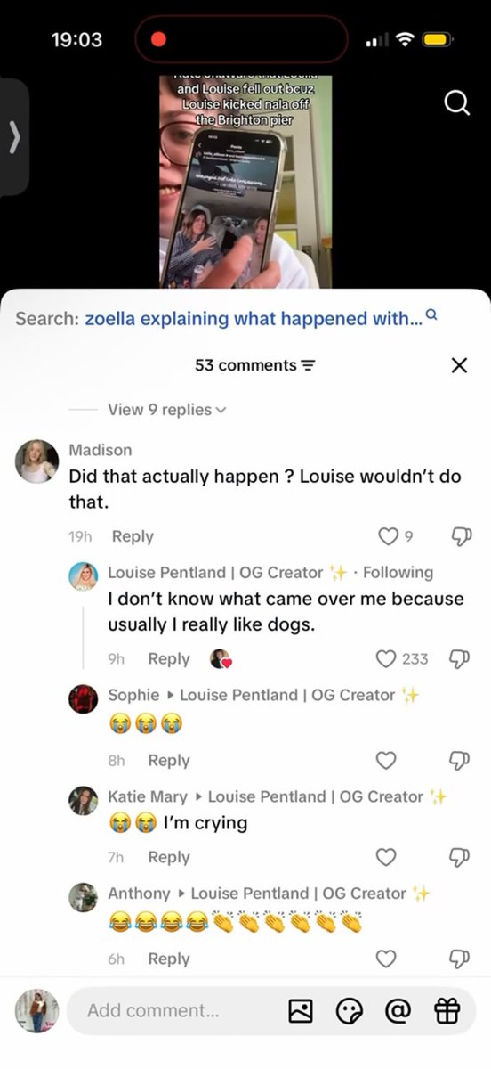 Beauu2001's tweet photo. @dnpcentral she’s so fucking funny. I saw a tiktok about her kicking Nala off Brighton pier and Louise commented this https://t.co/s4CLvVdExH