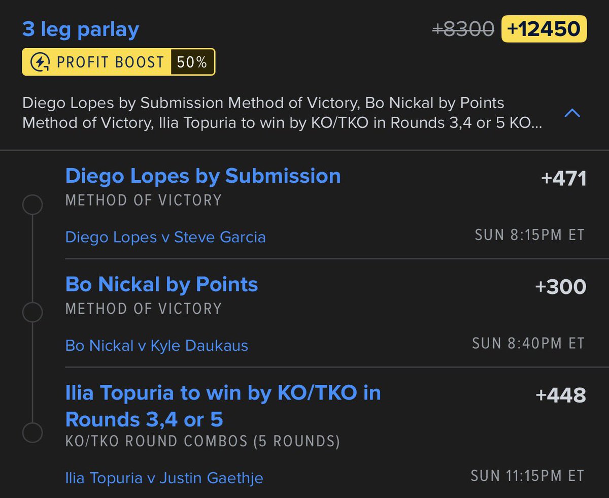 SkokGambles's tweet photo. #UFCFreedom250 CYCLE PARLAY 🇺🇸

Diego Lopes Sub (+471)
Bo Nickal Decision (+300)
Topuria RD3/4/5 KO (+448)

Risk 0.25u 🫡 Show Love If You’re Tailing! ❤️‍🔥

$25 TO SOMEONE WHO LIKE/RTs IF WE 💰

#GamblingX | #UFCParamount | #UFC | #MMA https://t.co/va25pn3bvo