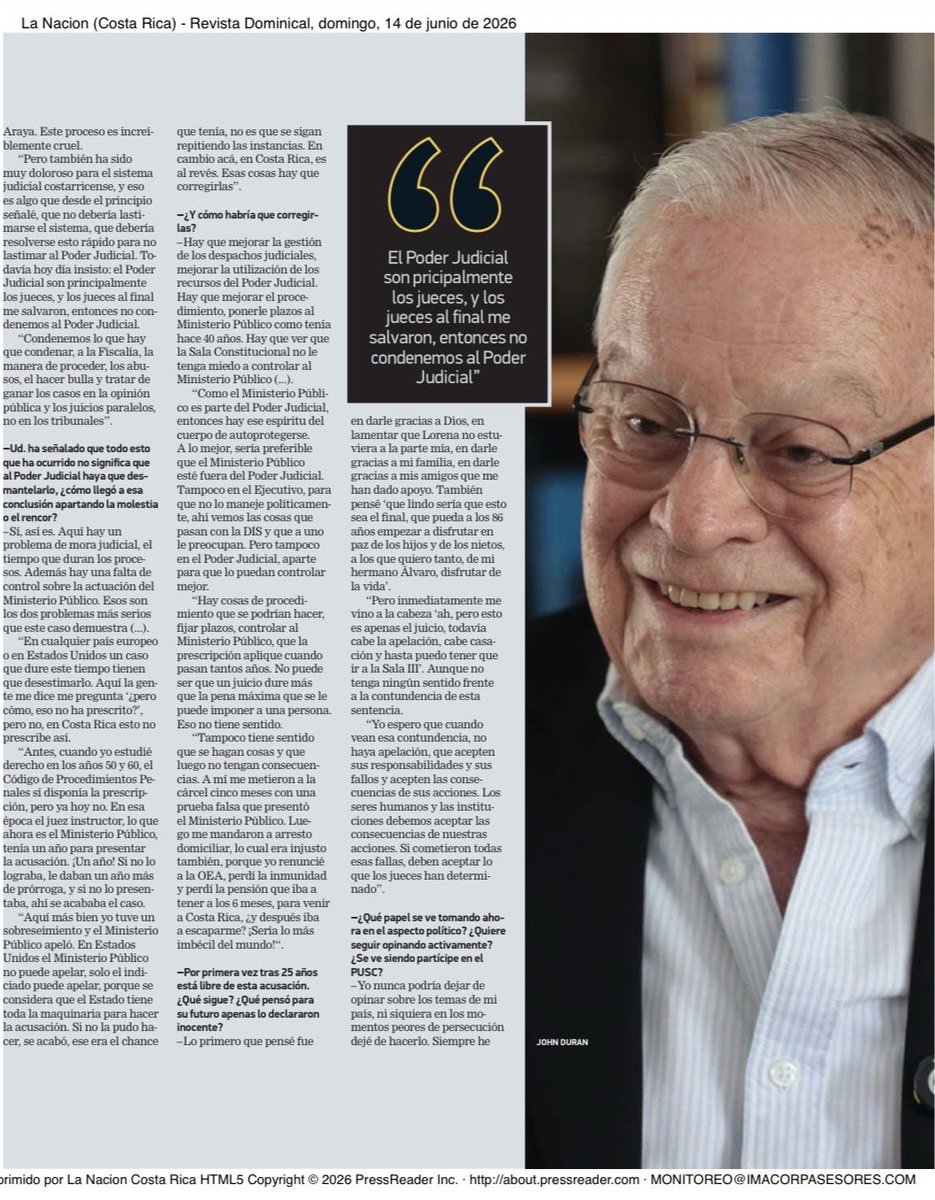 _MiguelAngelRE's tweet photo. Comparto la entrevista publicada por Revista Dominical de La Nación este 14 de junio de 2026, realizada por Roger Bolaños Vargas, en que reflexiono sobre la sentencia absolutoria en el caso Reaseguros, el estado de nuestra democracia, el futuro del PUSC y retos nacionales. https://t.co/mBVEJR9VRi