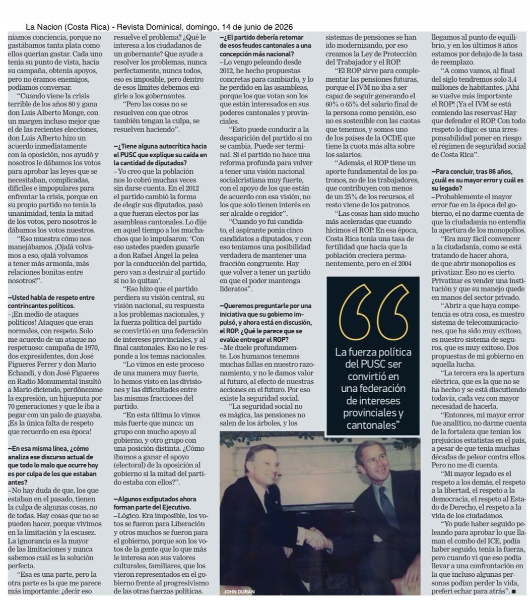 _MiguelAngelRE's tweet photo. Comparto la entrevista publicada por Revista Dominical de La Nación este 14 de junio de 2026, realizada por Roger Bolaños Vargas, en que reflexiono sobre la sentencia absolutoria en el caso Reaseguros, el estado de nuestra democracia, el futuro del PUSC y retos nacionales. https://t.co/mBVEJR9VRi