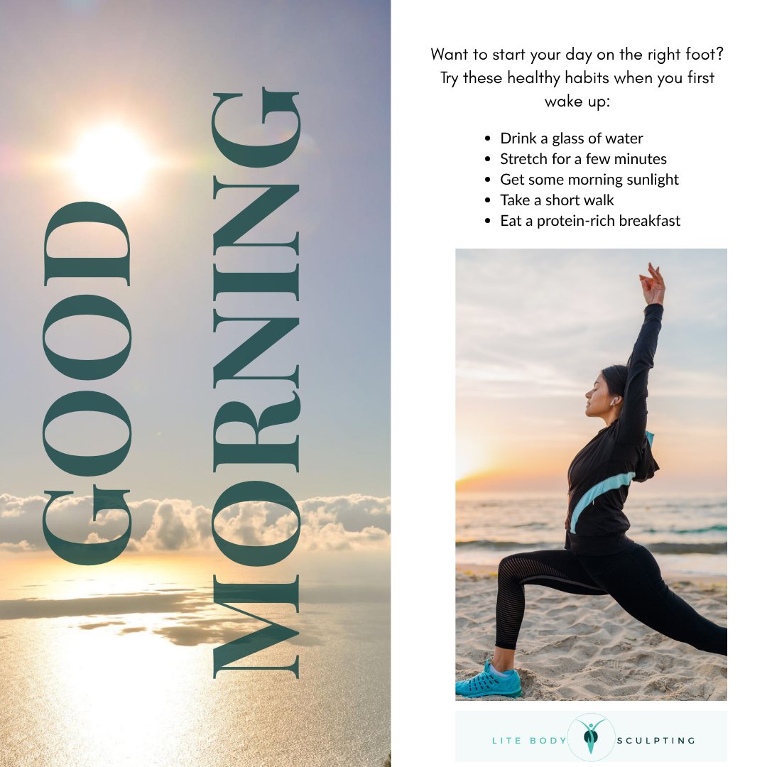 LiteBodySculp's tweet photo. Small morning habits can set the tone for a healthier, more energized day 💪✨
#goodmorning #morningroutine #morningmotivation #litebodysculpting #wellnessweightlosscenter https://t.co/Go31BLqg2v