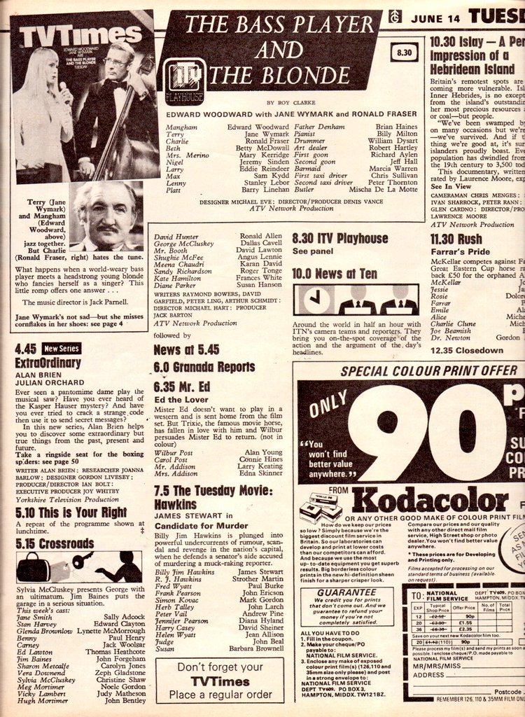 woodg31's tweet photo. TVπΊ14/6/77 ITV
4.45:Extraordinary 5.10:This is Your Right 5.15:Crossroads 5.45:News 6.35:Mr Ed 7.5:Film - Hawkins 8.30:ITV Playhouse - The Bass Player and The Blonde 10.0:News 10.30:Islay - A Personal Impression of a Hebredian Island 11.30:Rush https://t.co/TKHuBXnAwI