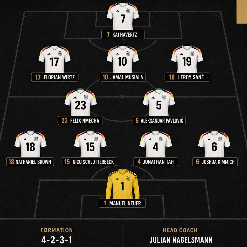 GujaratiTalk's tweet photo. Germany Playing 11 For Their First Match Of 2026 Worldcup #FIFAWORLDCUP

Lets Go https://t.co/lCo1qskvSK