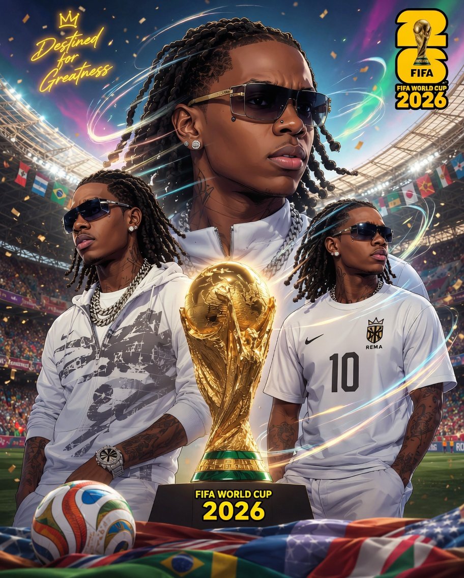 ReelZart's tweet photo. Rema holding it down with the golden trophy.
World Cup 2026 about to get the sound of Naija!
Canada • USA • Mexico — let’s run it!#trending #rema #fifaworldcup #fifaworlcup #ravers #fypシ゚viral https://t.co/DI6muepcg5