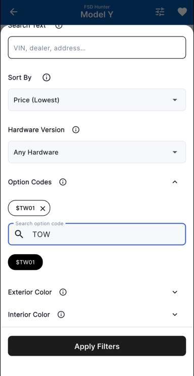 TeslaFSDHunter's tweet photo. @benln https://t.co/CDz4JfgRIc
Adding Tesla option codes to my filters and alerts so users can find the exact options they want for FSD cars https://t.co/V0UawpYRo0