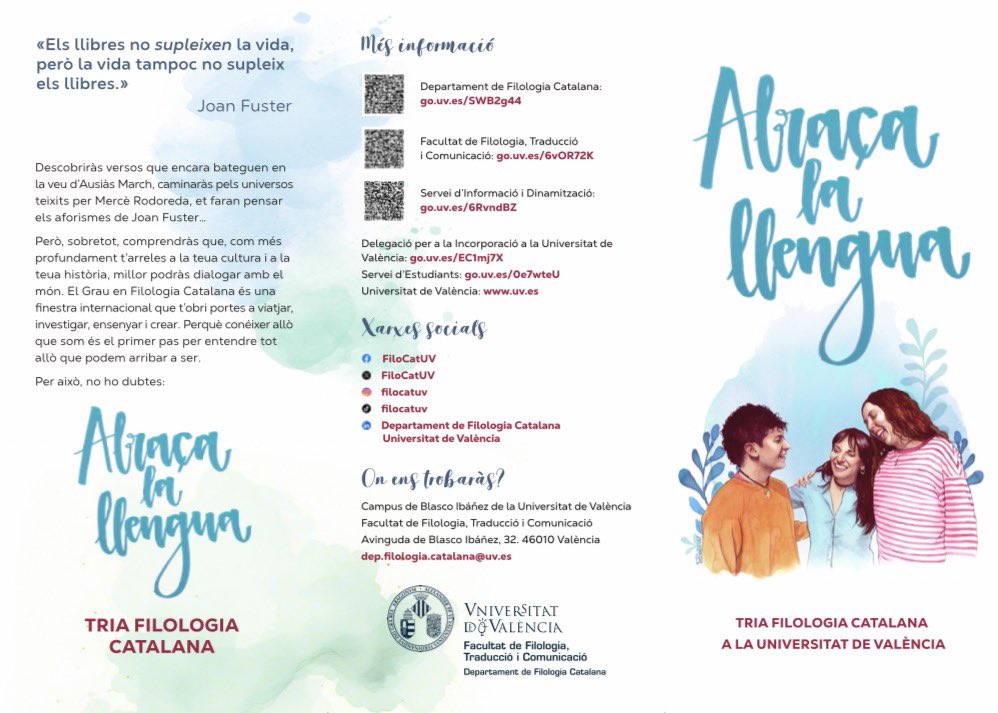 FiloCatUV's tweet photo. Encara amb indecisions? No et preocupes: t'ho posem fàcil. Ací tens una sèrie de respostes als dubtes que pugues tenir sobre estudiar Filologia Catalana a la @UV_EG . I si en falta alguna, no tingues por de preguntar-nos-hi. #Abraçalallengua #TriaFilologiaCatalana https://t.co/thb4GeG2RM