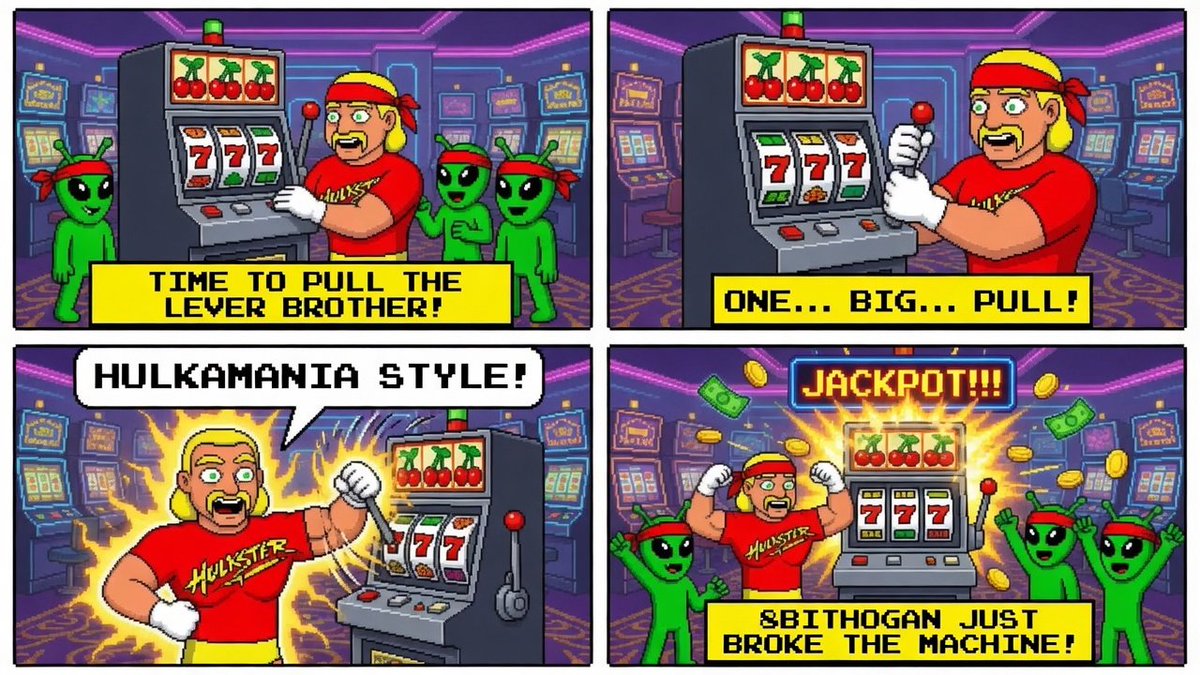 8BitHogan's tweet photo. 🛸 EPISODE 4: Slot Machine Madness 

"8BITHOGAN JUST BROKE THE MACHINE!" 

Jackpot achieved the Hulkster way 💪🍒💰 New episode every day 🔥 

$8BITHOGAN
https://t.co/ADtuEzAGvh 

#8BitHogan #Hulkamania #Vegas #Solana #Memecoin #VegasBaby #PixelArt https://t.co/A9z5YDlTg5