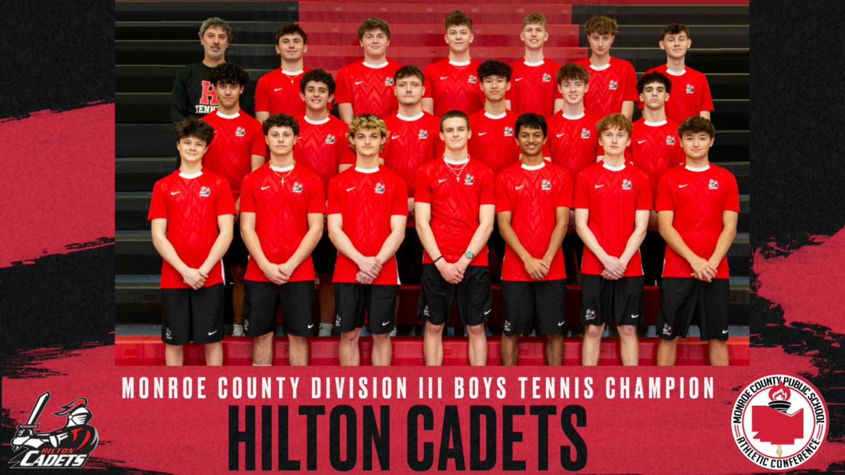 MCPSAC's tweet photo. Congratulations to HILTON, our Monroe County Division III Boys Tennis champion. To see All-County 1st and 2nd team selections, individual honors and more: https://t.co/BT8PVx76Nj 

@hilton_cadets https://t.co/seNkveAdQQ