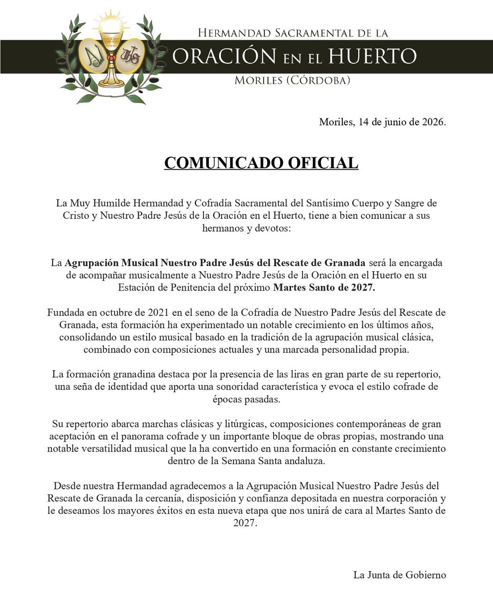 ElHuertoMoriles's tweet photo. COMUNICADO OFICIAL | Acompañamiento musical Martes Santo 2027 https://t.co/KYX865pAMJ