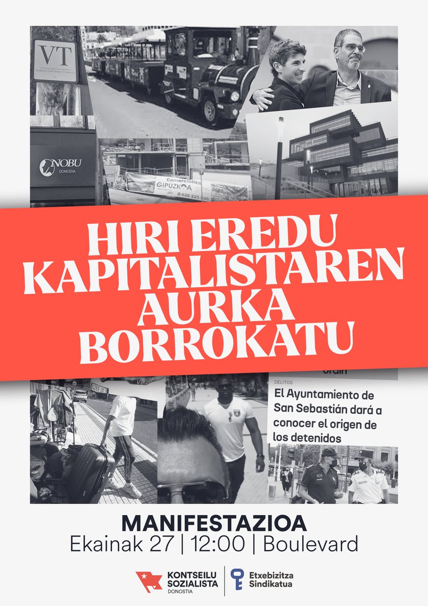 GenuaAsier's tweet photo. Alde batetik, politika instituzionalen bitartez aberatsak aberatsago egiteko Donostiako langileria pobretu edo kanporatzen dute.
Bestetik, langileok politika egiteko baldintzak deuseztatu nahi dituzte, debeku eta jazarpenen bitartez.

Horri aurre egiteko, ekainak 27an kalera! https://t.co/rUqz7wVF2E