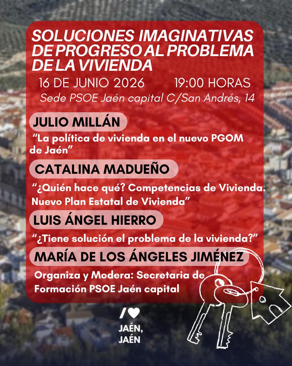 AJimenezSamblas's tweet photo. Desde @psoejaencapital
queremos compartir ideas, debatir y profundizar en una de las principales preocupaciones de la ciudadanía: La Vivienda.
Si eres militante o simpatizante participa en esta Jornada de Formación:
 ✍🏼“Soluciones imaginativas de progreso al problema.
Más info👇🏼 https://t.co/OxBxtXjrdc
