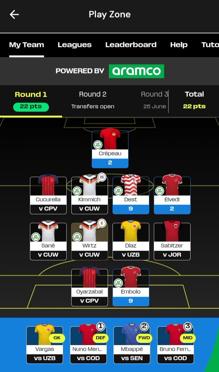 FPLhunters's tweet photo. Switched captaincy again from 18 pointer.
Thought long and hard about Kimmich but took safer and more assured route imo....expecting few points tonight. Lets go... 
#wcl2026 #Germany #wc26fantasy @GianniButtice @FPLGeneral @LetsTalk_FPL https://t.co/7b2mXUQtDb