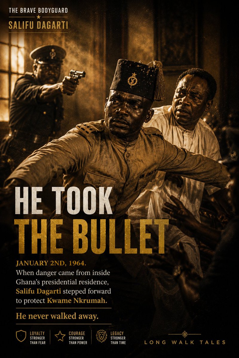 Today_HistoryT's tweet photo. THE MAN WHO TOOK THE BULLET FOR KWAME NKRUMAH...

January 2nd, 1964.

Inside Ghana’s presidential residence, chaos broke out.

An assassination attempt targeted Kwame Nkrumah.

But before danger reached him...

Salifu Dagarti stepped in. He took the bullet for the President..

Would you take a bullet for your President?