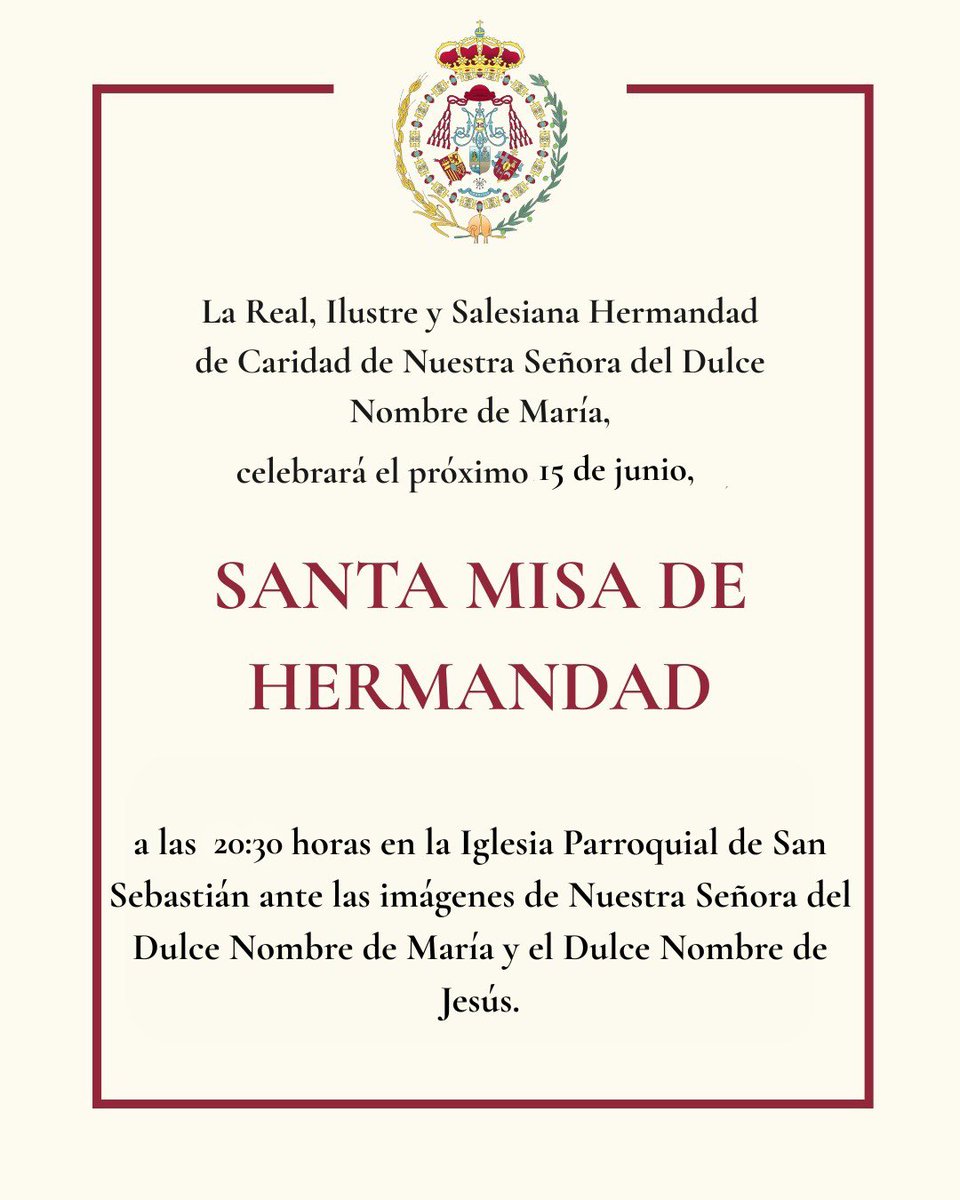 DNombreAlcala's tweet photo. 🔴 𝐂𝐔𝐋𝐓𝐎𝐒

ℹ️ Misa de Hermandad

🗓️15 de junio

⏰20:30H

⛪️Parroquia de San Sebastián 

Rogamos a todos nuestros hermanos su asistencia.

#Charitas #DulceNombre https://t.co/pEEVYzwwSs
