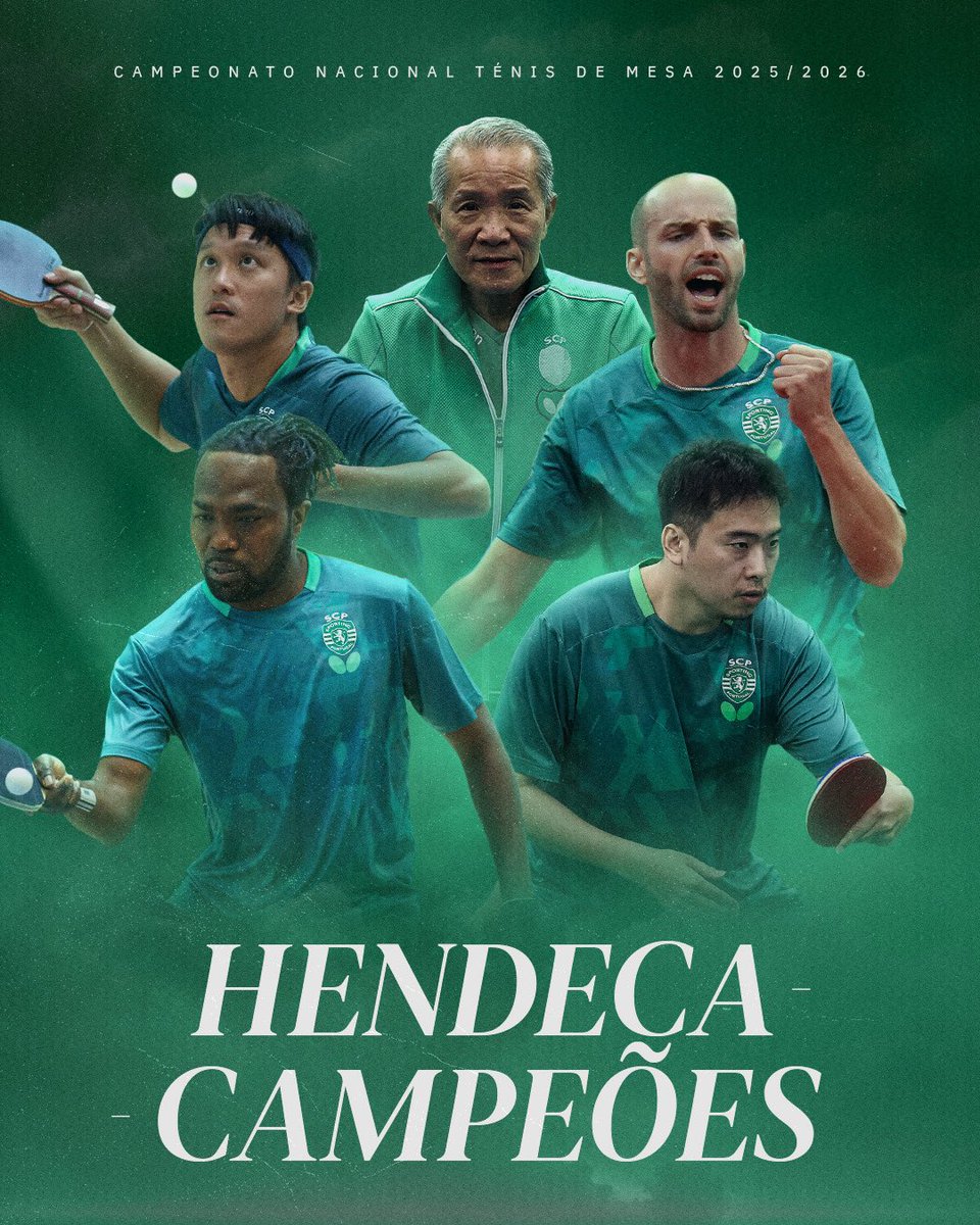 SportingCP's tweet photo. 𝐇𝐄𝐍𝐃𝐄𝐂𝐀𝐂𝐀𝐌𝐏𝐄𝐎̃𝐄𝐒 𝐍𝐀𝐂𝐈𝐎𝐍𝐀𝐈𝐒 🏆

Os Leões do #TénisDeMesaSCP venceram o CD São Roque (3-1) no 3.º jogo da Final e conquistaram o Campeonato Nacional pela 𝟏𝟏.ª 𝐯𝐞𝐳 consecutiva 👏 https://t.co/vOdT8cJfH9