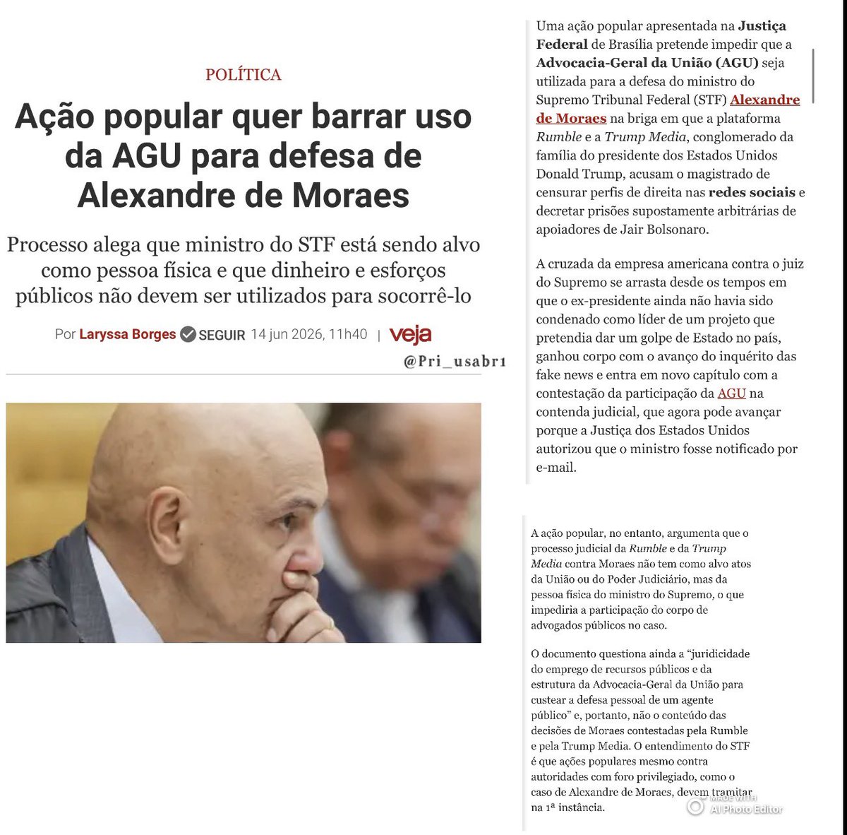 Pri_usabr1's tweet photo. Ação popular na Justiça Federal de Brasília tenta barrar uso da AGU na defesa de Alexandre de Moraes em ações contra Rumble e Trump Media.

O processo alega que ele estaria sendo alvo como pessoa física e que dinheiro público não deve custear essa defesa. 

Eu apoio. E vocês? https://t.co/SJo9yWtn0d