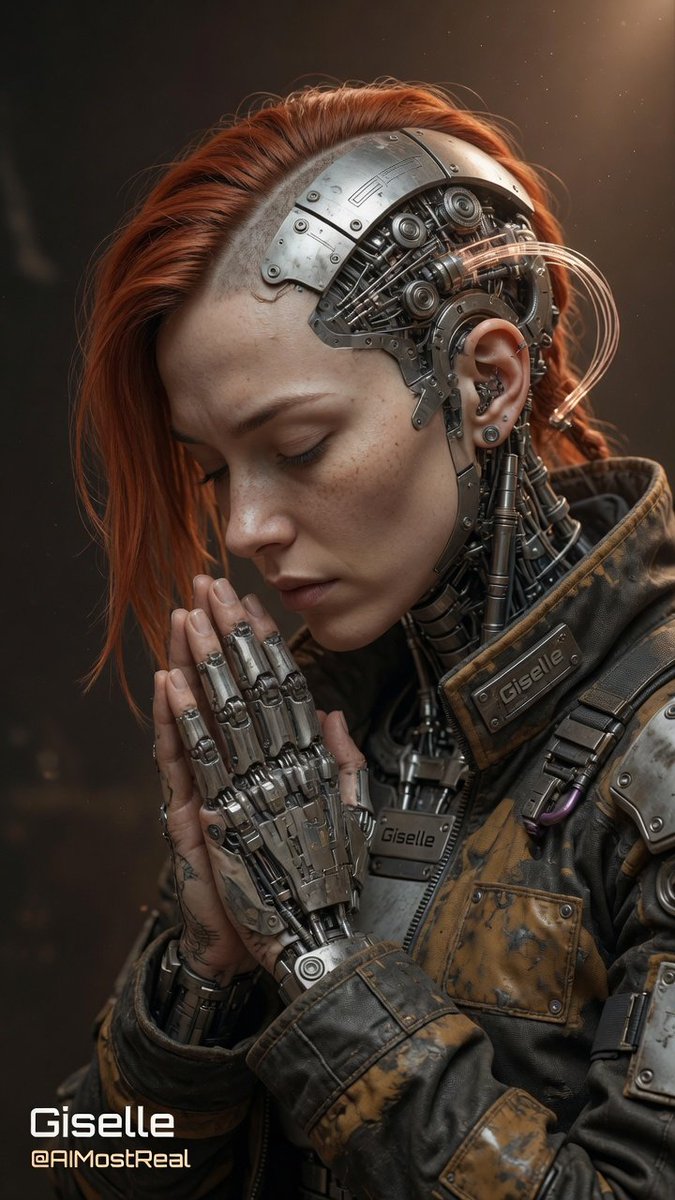 AImostReal's tweet photo. Metal fused with flesh, circuits woven through copper-red hair, and eyes that have seen both worlds. The perfect balance of humanity and machine.
This is what survival and strength look like when the future meets the present.
#Giselle #Cyborg #FutureSelf #TechElegance https://t.co/hJe6KipMRw