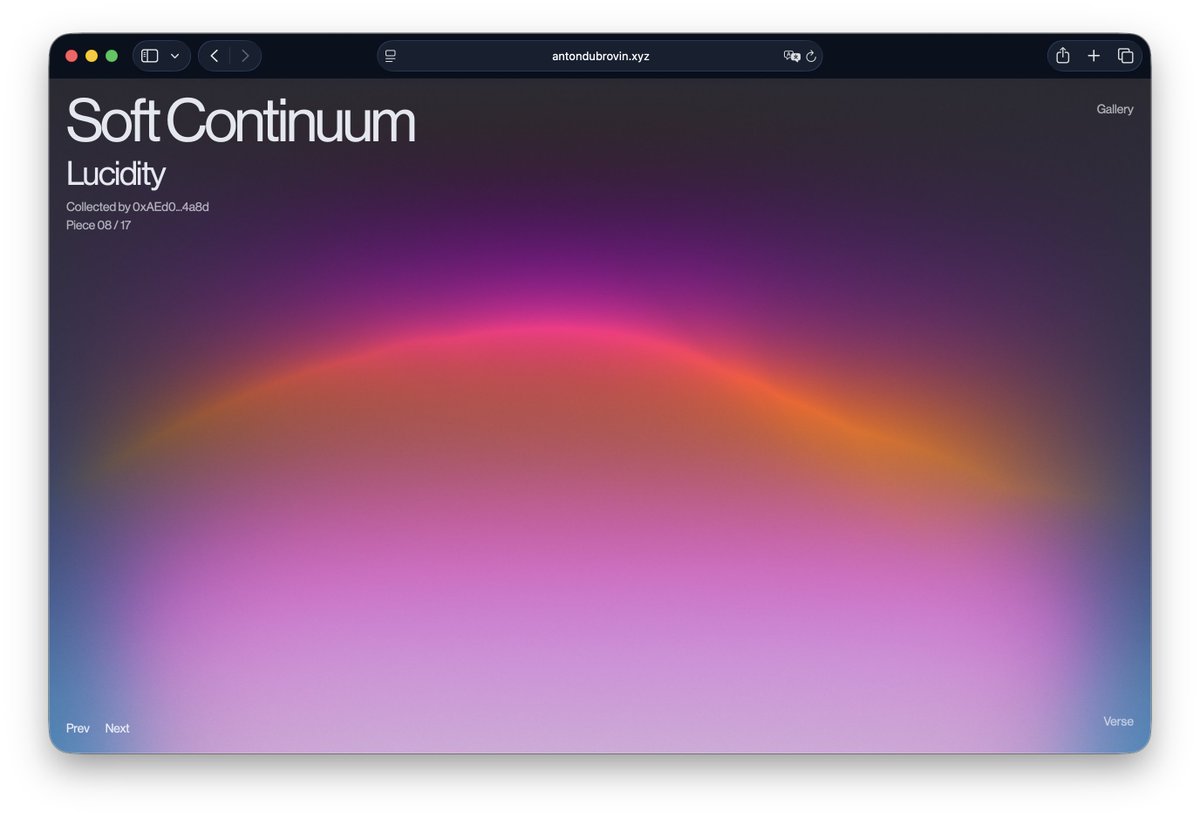 MCHX17's tweet photo. Artwork webpage upgrade for Soft Continuum:

- The artwork is shown fullscreen now
- collector of the particular piece is shown
- gallery of the collection is now on a separate page 

take a look!
https://t.co/HKsjbbJEP5 https://t.co/gfeKDZ8lI6