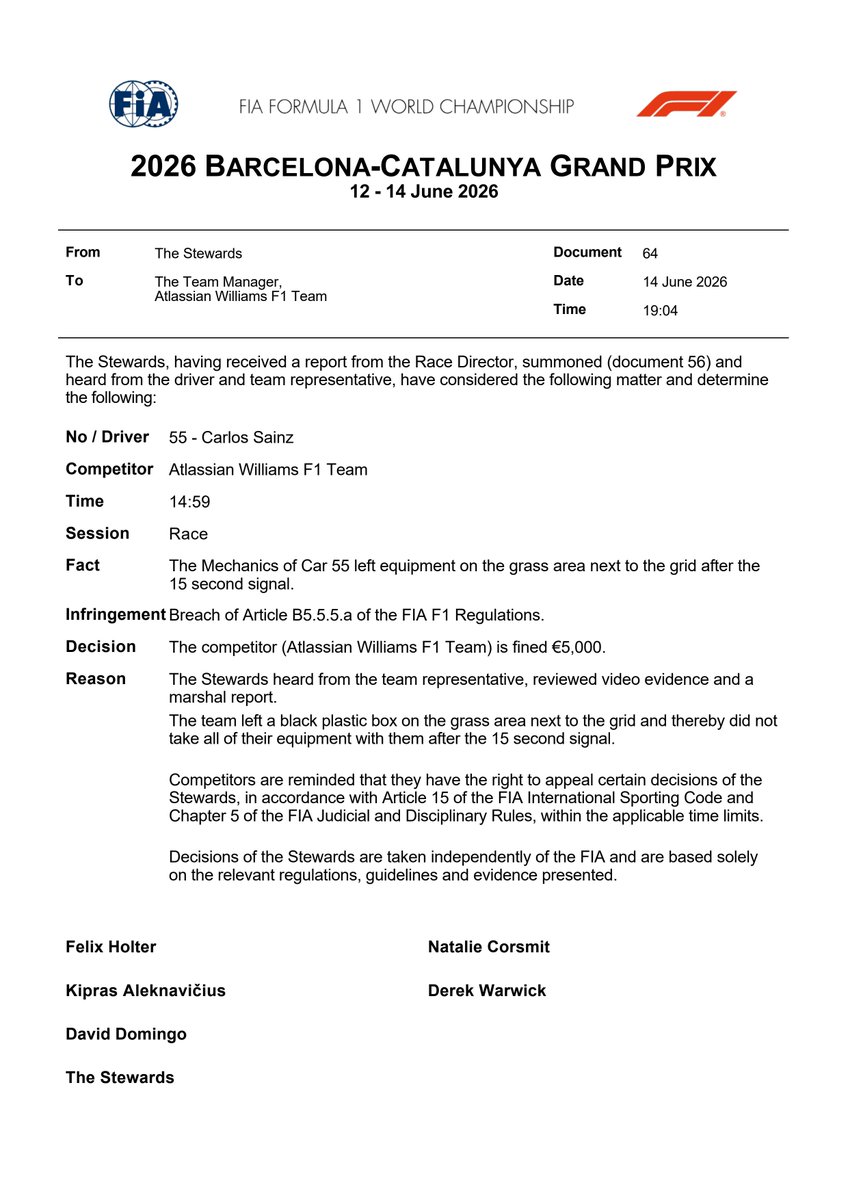 fia's tweet photo. DOC 64 - Infringement - Car 55 - Start Procedure Infringement https://t.co/nVLPv627jK #BarcelonaGP #F1 #FIA https://t.co/5Zb0zTnKSD
