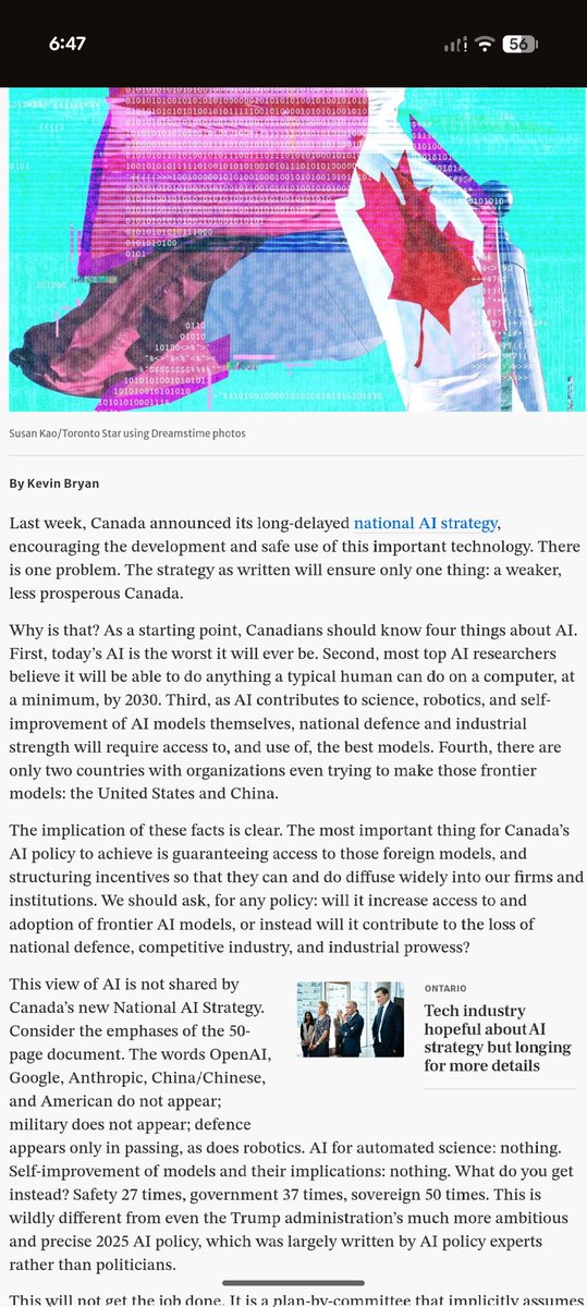 Afinetheorem's tweet photo. I have an article in the Toronto Star today on what middle powers should do on AI. Wrote this last week before the Fable news, but even more relevant now. 1) Frontier AI is critical, 2) Only US and China even trying to make it, 3) Only becoming more important. What to do? 1/12 https://t.co/wFPNpqFSLL