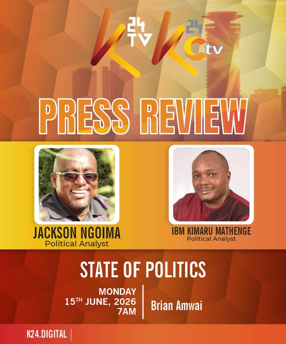 K24Tv's tweet photo. Join us tomorrow morning on #AmkaKenya as we examine the 2027 political equation and the current state of the nation. Be part of the conversation from 7 a.m. https://t.co/H1RDqDRb9L