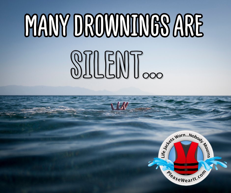 A water safety graphic showing calm open water with only a small red object visible in the distance. Large text at the top reads \u201CMANY DROWNINGS ARE SILENT\u2026.\u201D A U.S. Army Corps of Engineers water safety logo appears in the lower right corner, emphasizing the often unnoticed nature of drowning incidents.