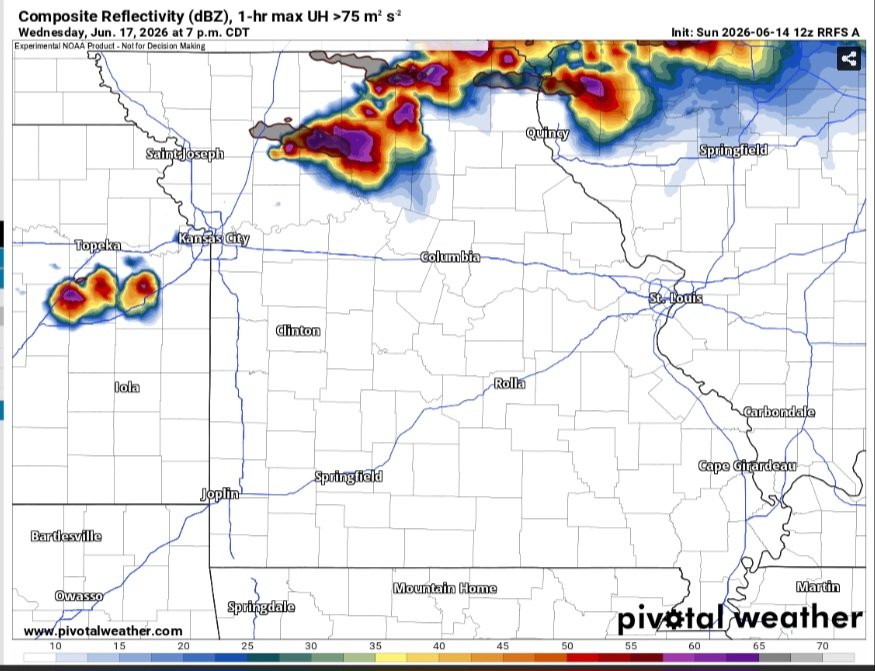 PATRICK_KCWX's tweet photo. Rrfs showing signs of semi discrete to discrete supercells for Wednesday also its probably under doing cape for around 7 pm CT https://t.co/z1WR67ExoB