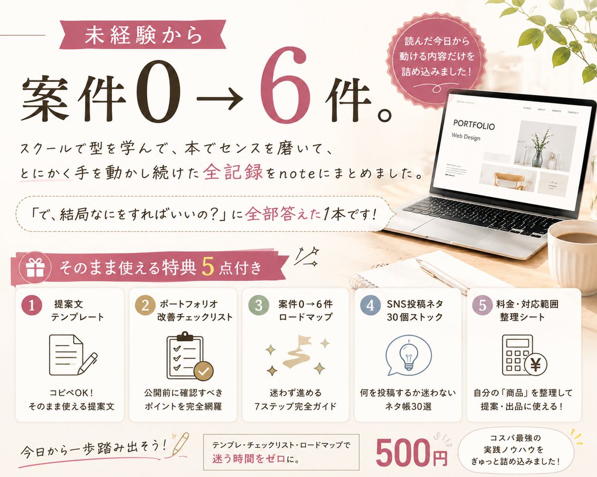 Rito_Designer's tweet photo. 未経験から案件0→6件…

スクールで型を学んで、本でセンスを磨いて、
とにかく手を動かし続けた全記録をnoteにまとめました🙌

「で、結局なにをすればいいの？」に全部答えた1本です💡

そのまま使えるテンプレ・チェックリスト・ロードマップ付き👇
https://t.co/z6LhGdL3Cl https://t.co/hzC5WAcrY5