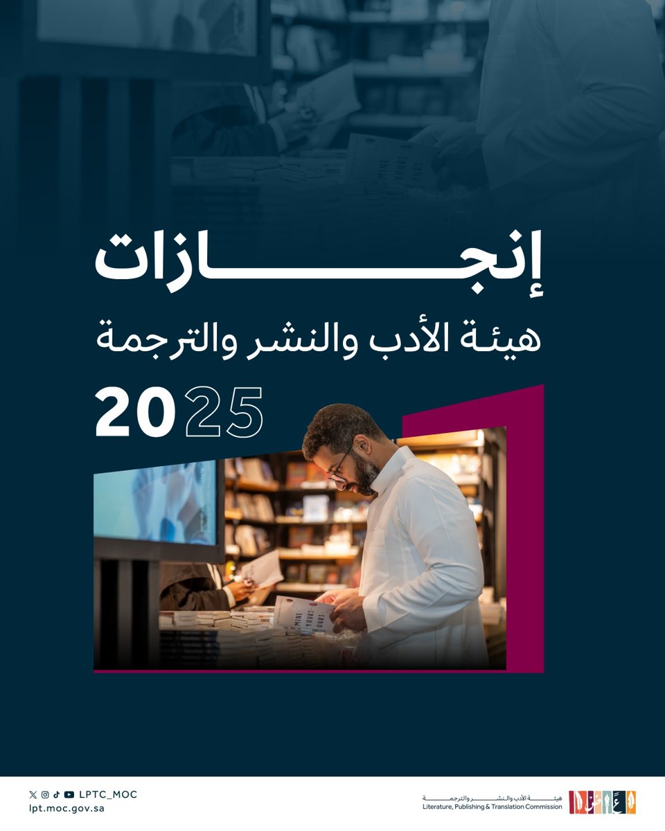 LPTC_MOC's tweet photo. عام تجاوز فيه الأدب حدوده في المعرض وخارجه، بالعربية وبغيرها، محليًا ودوليًا. 
إنجازات #هيئة_الأدب_والنشر_والترجمة لعام 2025 في التقرير السنوي الصادر عن #وزارة_الثقافة