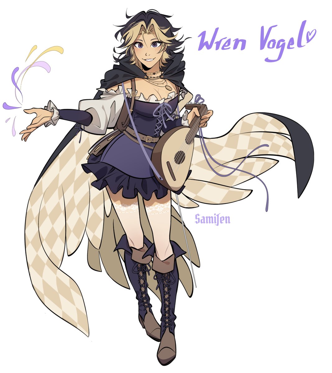 sami_jen's tweet photo. Can finally share this! My new character for our 3rd DnD campaign. She's an aasimar bard 💜🎶 https://t.co/505TWYcHP4