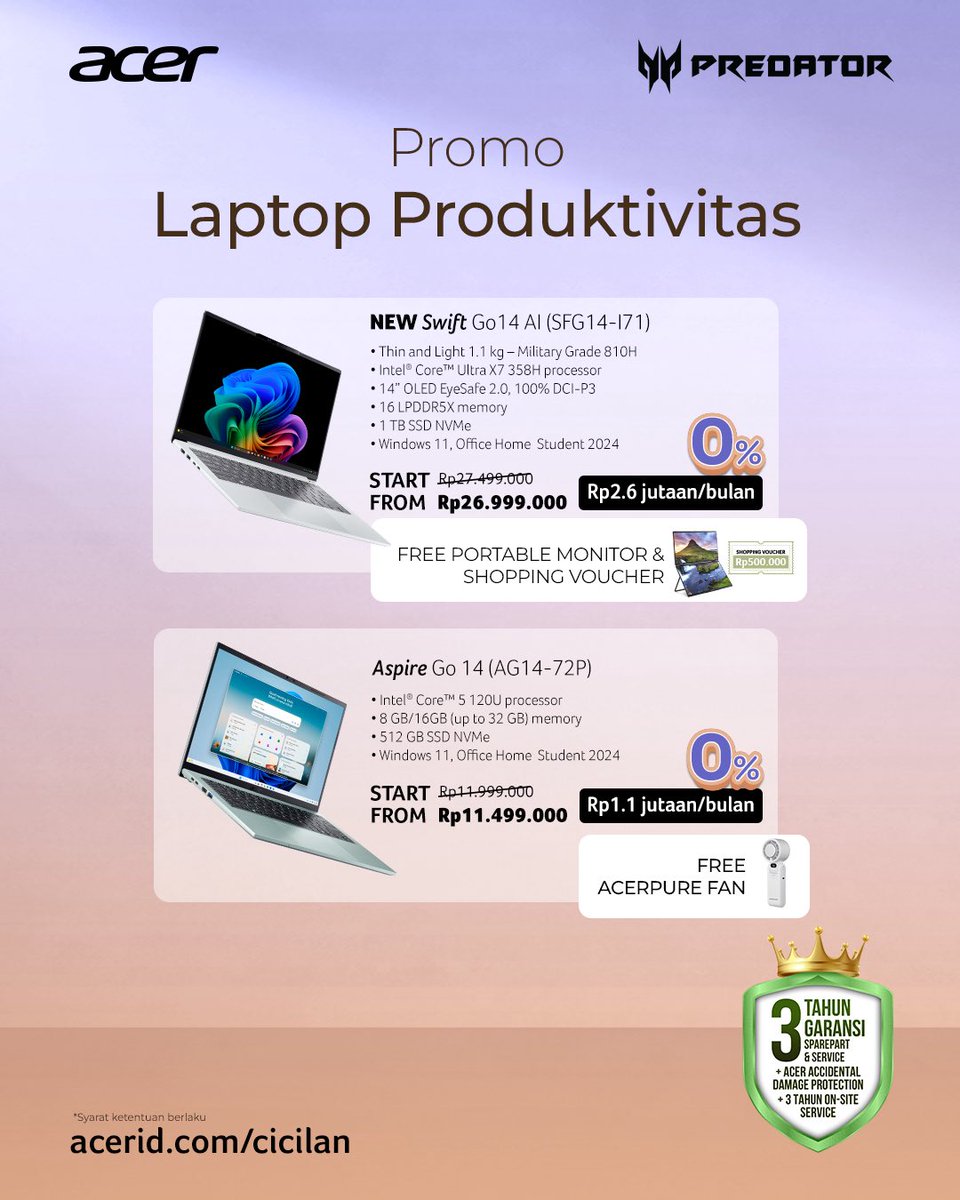 acerID's tweet photo. Promo Acer Melimpah di Jakarta Fair Kemayoran! 🎉

Saatnya upgrade perangkat impian dengan berbagai penawaran spesial yang sayang untuk dilewatkan! 🔥

✨ Cicilan 0% tanpa kartu kredit
🎁 Free gift untuk setiap pembelian laptop tertentu https://t.co/Yil7oVmnrx