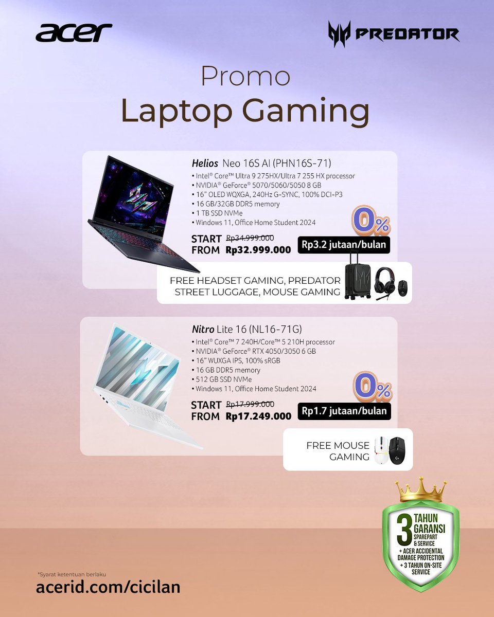 acerID's tweet photo. Promo Acer Melimpah di Jakarta Fair Kemayoran! 🎉

Saatnya upgrade perangkat impian dengan berbagai penawaran spesial yang sayang untuk dilewatkan! 🔥

✨ Cicilan 0% tanpa kartu kredit
🎁 Free gift untuk setiap pembelian laptop tertentu https://t.co/Yil7oVmnrx