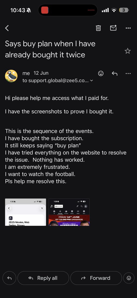 Daneshirani's tweet photo. @ZEE5India I have paid for the subscription twice! It still asks me to buy the plan again and again. I have emailed your customer support. Did not get a reply. What do I have to do to watch the World Cup? https://t.co/paubXIzLWs
