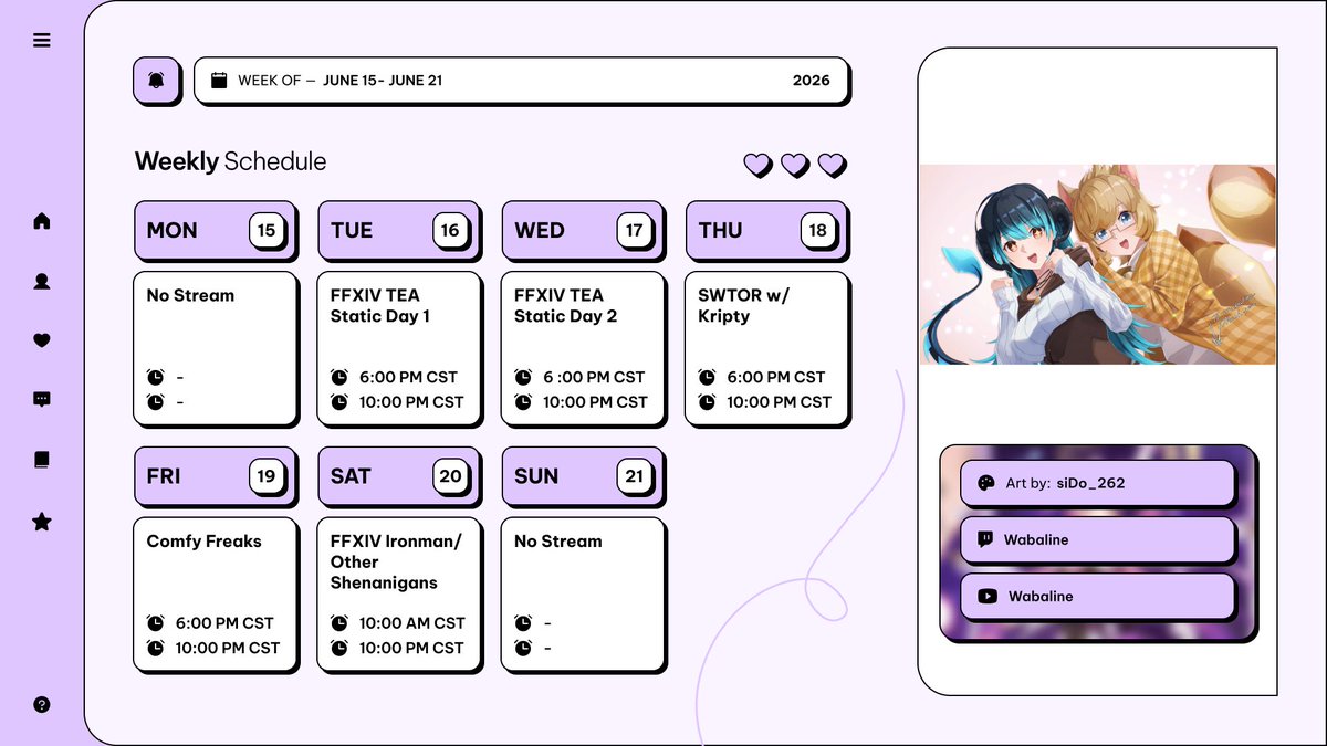 Wabaline's tweet photo. Heya folks!

Here is what the schedule is looking like for this week! I haven't posted schedules in a bit so sorry about that but here is a schedule now set up again!  Hopefully I'll go back to weekly posts of the schedule again~

Hope to see y'all at the streams! ^^ https://t.co/z6BtNtRyWs
