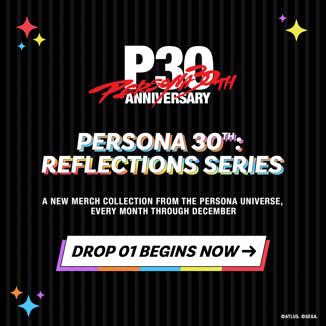 Atlus_West's tweet photo. Introducing the Persona 30th: Reflections Series.

From June through December, we'll be celebrating 30 years of Persona with new monthly t-shirt drops inspired by Persona titles across the series.

Our first merch drop is available now, featuring designs inspired by fan-favorite Persona games. Which design are you picking up first?

🔗: https://t.co/wXAOs1ADMl