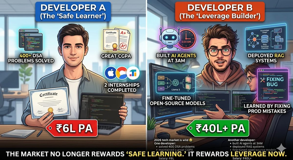 VIP_coder's tweet photo. 2026 tech market is wild 😭

Dev A:
• 500+ DSA problems
• Great CGPA
• Internships
Salary: ₹6L

Dev B:
• Built AI agents
• Deployed RAG systems
• Shipped products
Salary: ₹40L+

The market rewards leverage, not just credentials. 
#AI #techlife #TechJobs #devloper #genai https://t.co/OhG5Jzj7nv