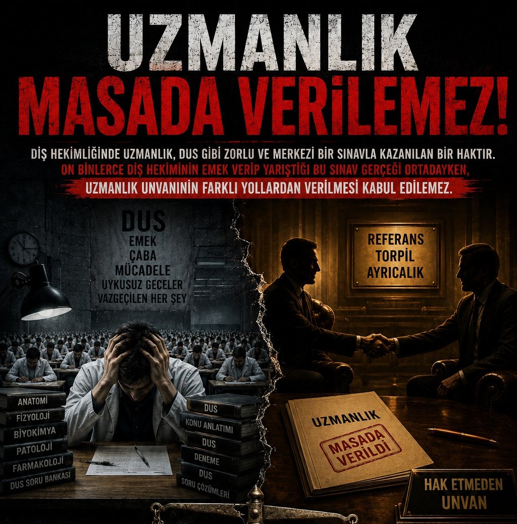 33uncudis's tweet photo. DUS ile ter dökerek kazanılan uzmanlık unvanını, torpil kokan doktora süreçlerine 'hediye' etmek liyakatin cenaze namazını kılmaktır.
#UzmanlıkMasadaVerilemez @sbshgm @mmkilicarslan @saglikbakanligi @drmemisoglu @YuksekogretimK @OSYMbaskanligi @TDB_TDA https://t.co/vRr9cUnBBE