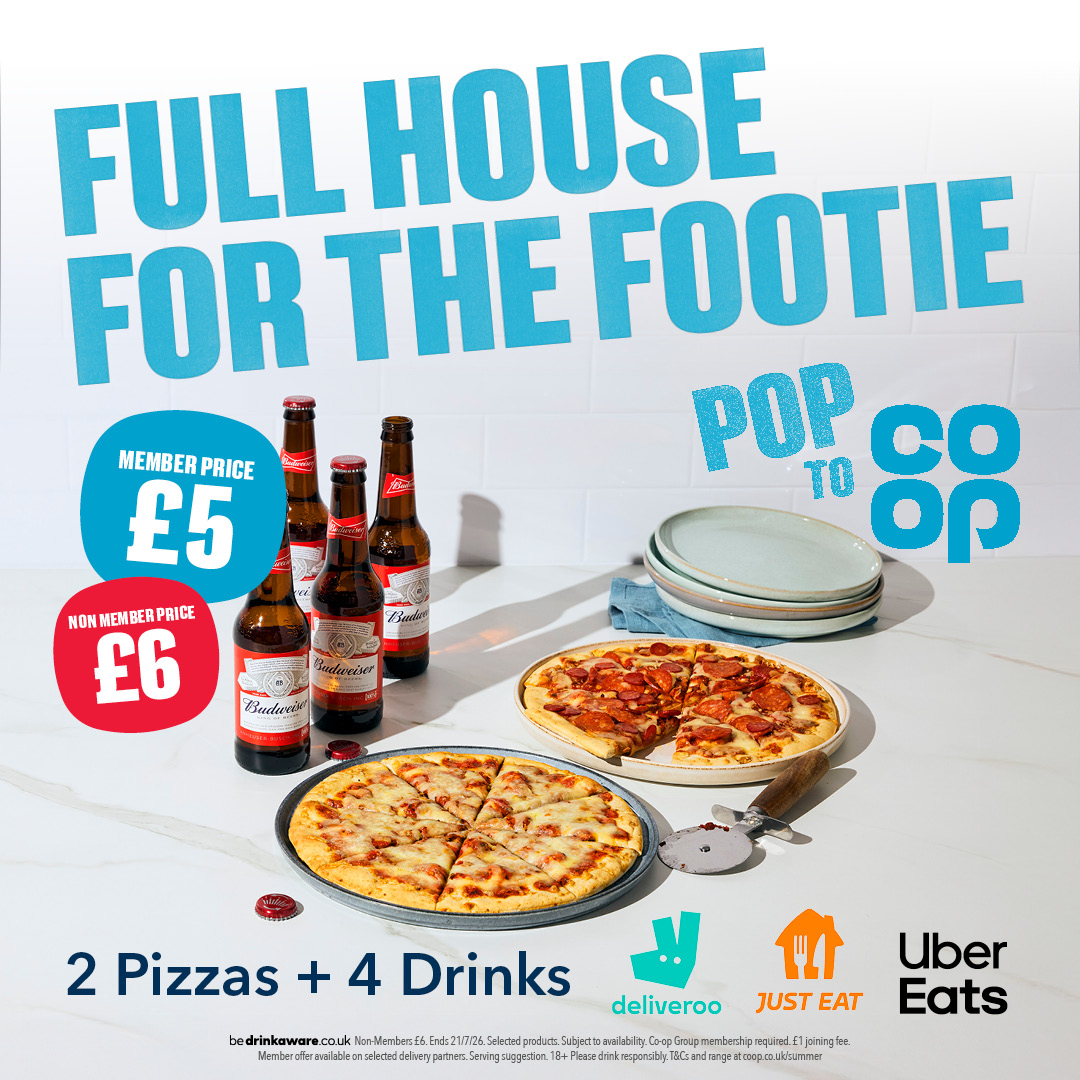 harper_op's tweet photo. Full house for the footie? ⚽️ Pop to Co-op and get 2 pizzas and 4 beers Just £5 for Co-op members. https://t.co/66CeF2z9ez