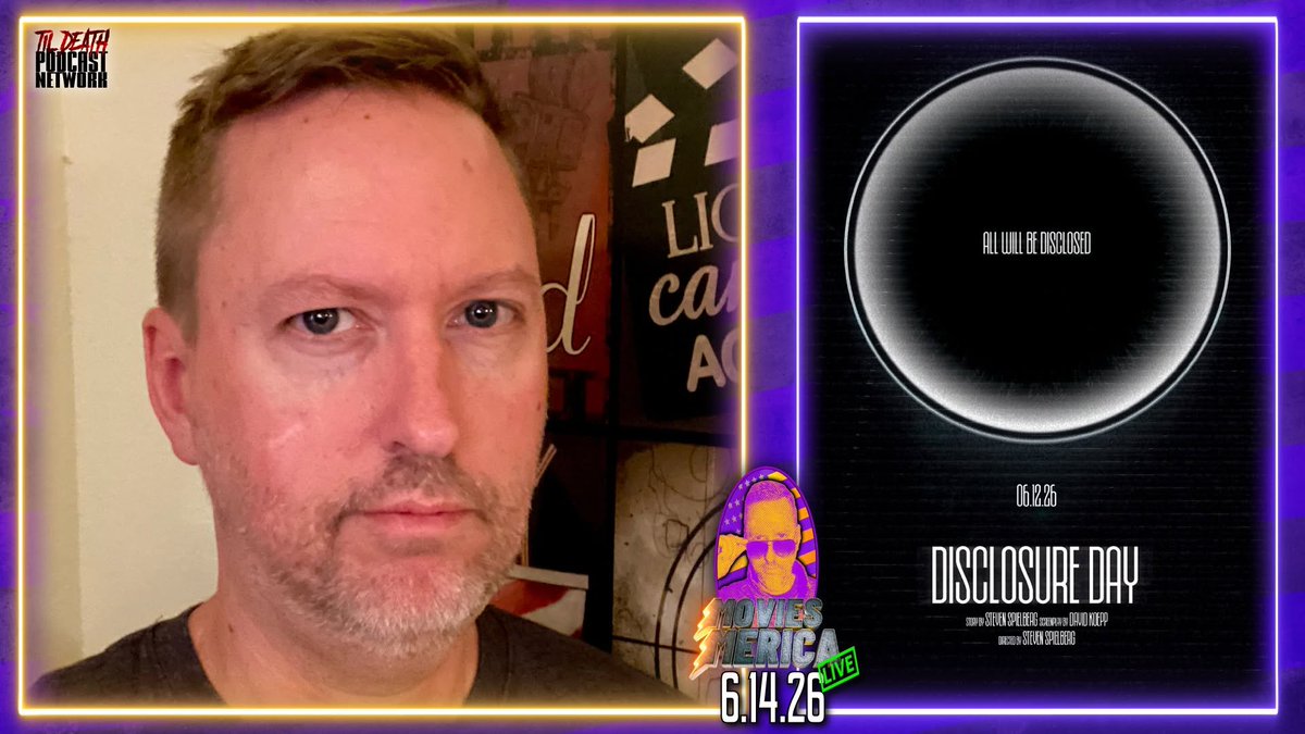 MoviesMerica's tweet photo. This week Steven Spielberg returns to familiar alien territory. I know that's an oxymoron but anywayyy. Today I review, spoiler-free, his movie "Disclosure Day." Join me live at 3pm Central. I'll also review a beer in Brew Review Time. Watch with either link in the post below!👇 https://t.co/a6lvMvMwmF