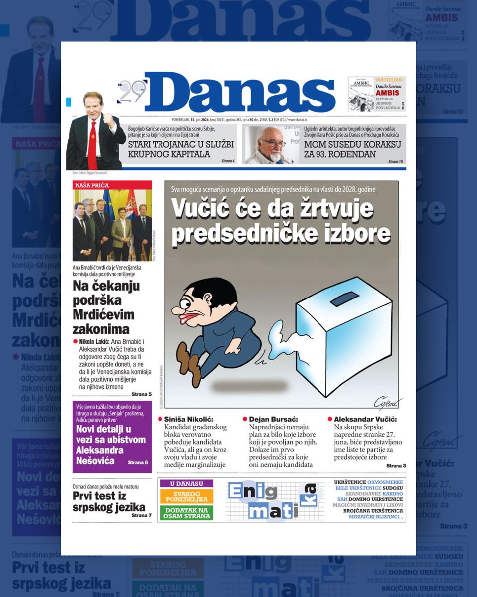 OnlineDanas's tweet photo. Naslovna strana za 15. jun 2026. 📰 https://t.co/dQyvCdlc2k