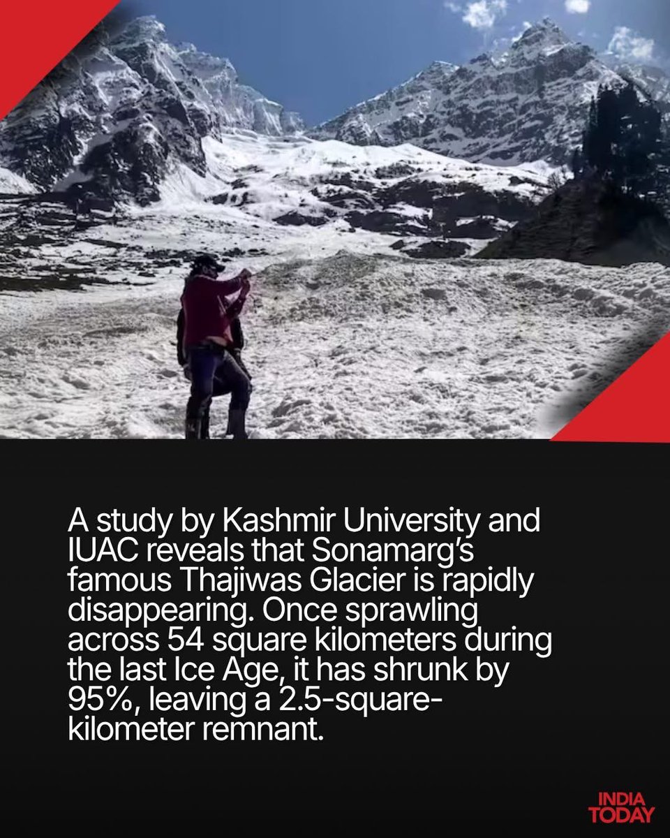 irshurocha's tweet photo. Thajiwas Glacier in Sonamarg is disappearing fast. Once spread across nearly 54 sq km, it has reportedly shrunk to just 2.5 sq km. A stark reminder of the impact of climate change on Kashmir’s fragile Himalayan ecosystem.

#ThajiwasGlacier #Sonamarg #Kashmir #ClimateChange #SaveOurGlaciers 
@PMOIndia @tourismgoi @JandKTourism 
@OfficeOfLGJandK @CM_JnK