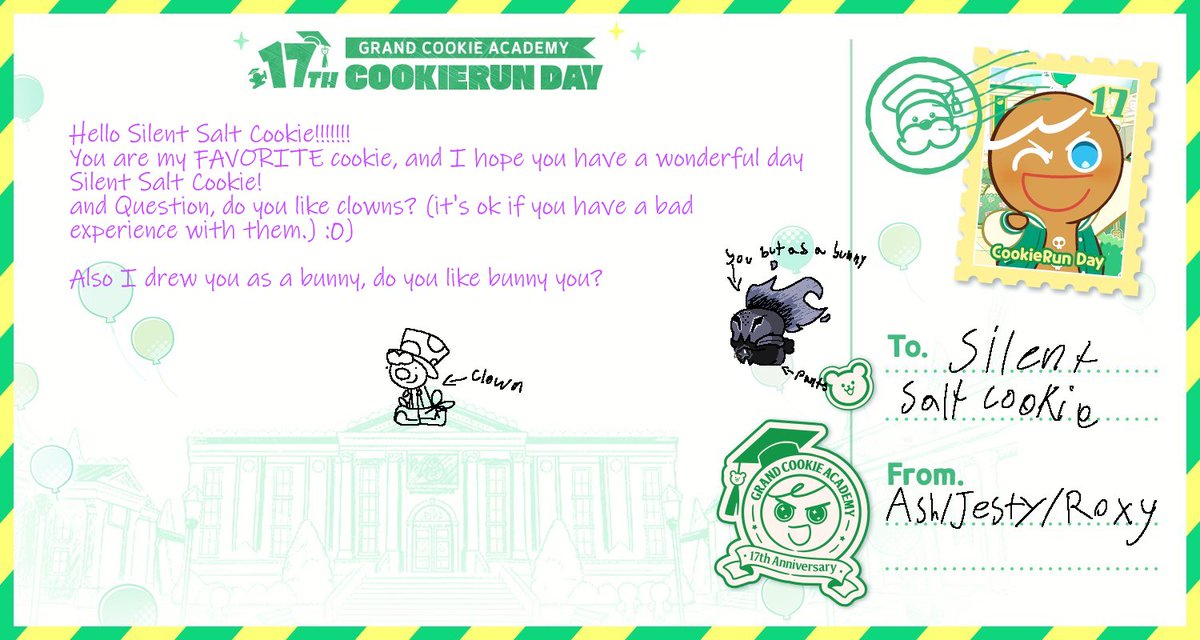 Roxyzfox's tweet photo. I made this to the best crk cookie ever (besides Squink)
the Silent salt bunny is very important.
#cookierunKingdom #CookieRun17th_CookieLetter #cookierun #silly #art #silentsaltcookie #silentsalt #bunny #gubby #silentsaltbunny #clown #lala https://t.co/fzpvNatbvz