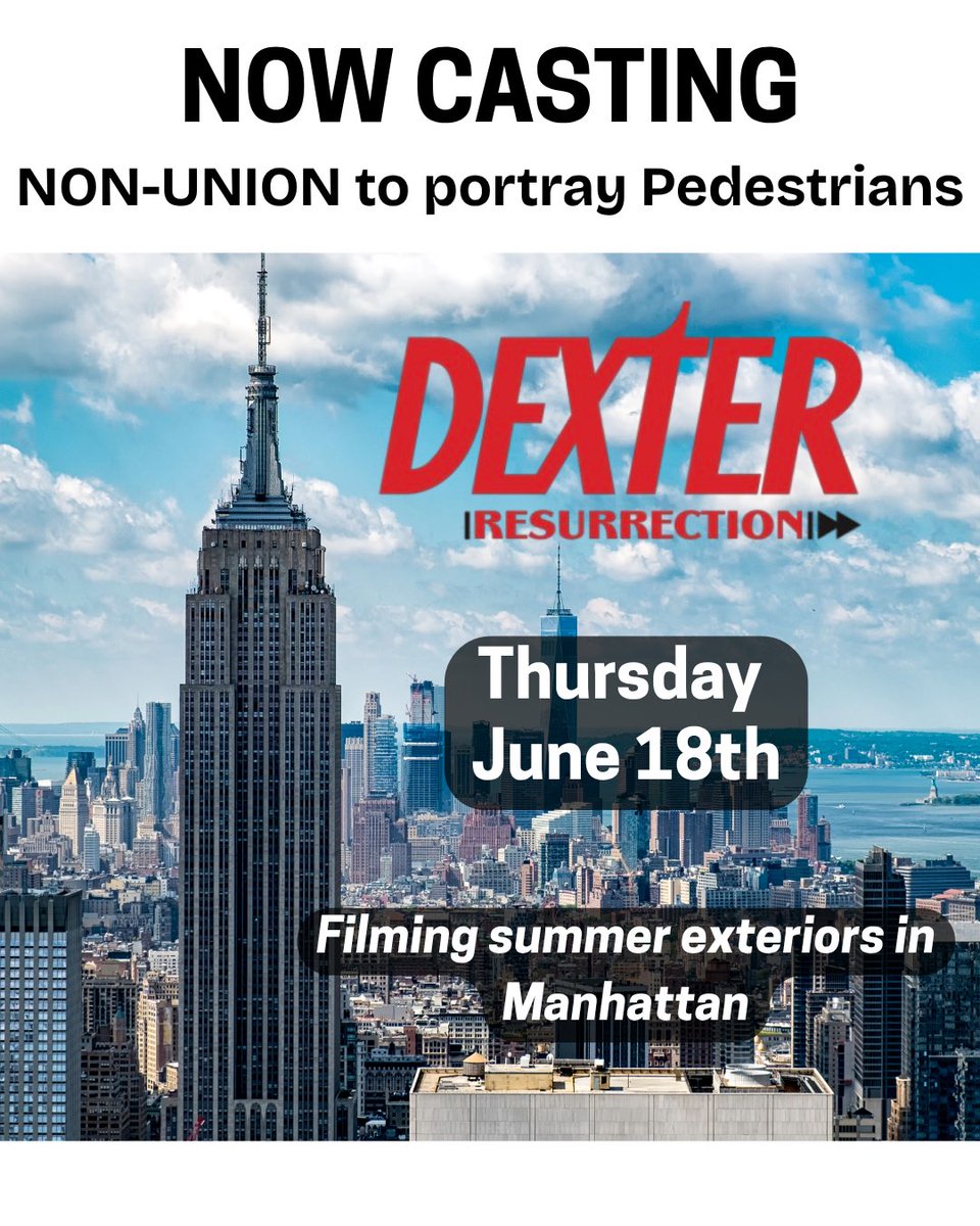 waldroncasting's tweet photo. Waldron Casting is seeking NON-UNION talent to portray Pedestrians for the TV series Dexter: Resurrection. Interested and available? Be sure to follow the submission instructions on ALL SLIDES carefully. Read everything thoroughly. Incomplete submissions will NOT be considered. https://t.co/W4AEogcfcz