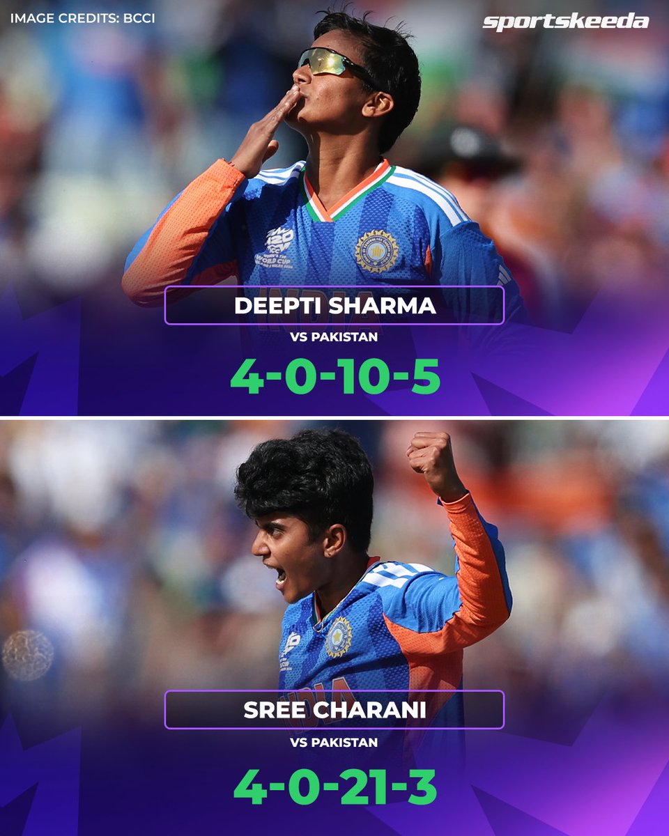 Sportskeeda's tweet photo. Pakistan's batters had no answer to Indian spinners Deepti Sharma and Sree Charani, who picked up eight wickets combined! 💙🇮🇳

#INDWvPAKW #WT20Is #Sportskeeda https://t.co/jkVZdJRNlF