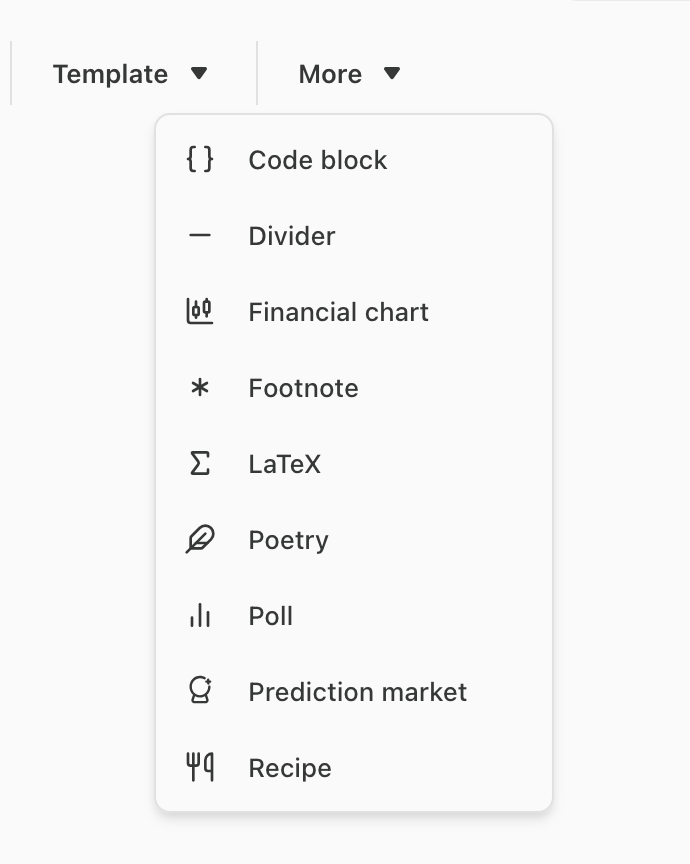 sn4pplejacks's tweet photo. the substack "more" menu is low-key such whiplash

(the recipe block is actually really cute but prediction market links to adding a polymarket embed??) https://t.co/SxgK7ENPL3