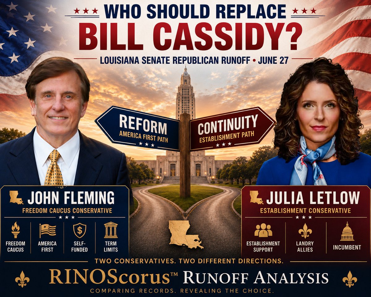 RINO_Removal's tweet photo. LOUISIANA U.S. SENATE RUNOFF ANALYSIS
Fleming vs Letlow
June 27, 2026
🧵1/5 by .@ZenWeck
The June 27 Republican runoff will determine who succeeds Senator Bill Cassidy as Louisiana's next Republican nominee for the United States Senate. Following a competitive primary, voters are now choosing between two candidates with conservative credentials but different records, backgrounds, and governing approaches.
🔹 Dr. John Fleming
Physician, Navy veteran, business owner, former U.S. Congressman, House Freedom Caucus co-founder, former Trump administration official, and current Louisiana State Treasurer. Fleming previously represented Louisiana's 4th Congressional District and has maintained a long record of advocacy for fiscal conservatism, border security, limited government, and America First policies.
🔹 Julia Letlow
U.S. Representative for Louisiana's 5th Congressional District, former university administrator, educator, and member of Congress since 2021. Letlow serves in her third Congress and has built a generally conservative voting record on issues such as pro-life legislation, border security, election integrity, and Second Amendment rights.
This analysis evaluates each candidate using the RINOScorus™ framework, which combines issue-based scoring with external conservative scorecards to measure alignment with America First and MAHA-oriented priorities.
The following reports are based on publicly available voting records, sponsorships, public statements, campaign activity, financial disclosures, and third-party conservative ratings. Scores represent a snapshot in time and may change as additional information becomes available or candidate positions evolve.
RINOScorus™ is intended as a standardized evaluation framework rather than an endorsement. Scores are based on documented records, publicly available information, and a consistent scoring methodology applied across all candidates.
👇🏼