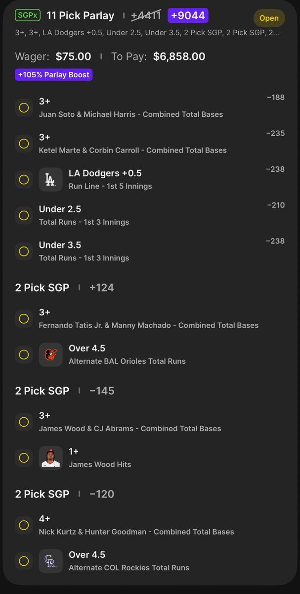 W3Bfox's tweet photo. Promo/Play: DK 105% MLB Stepped Up -June 14
Note: My parlay legs are always watered down versions of my own single bets. 
#SportsBetting #GamblingX #DraftKings  #betting @Playbook https://t.co/eASW9SlJdF